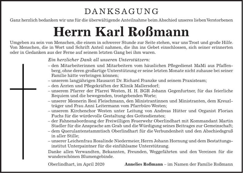 Traueranzeige Karl Roßmann