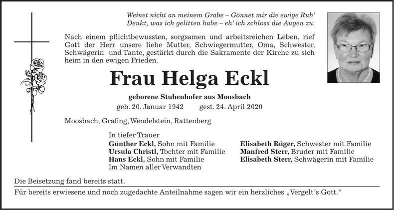 Traueranzeige Helga Eckl