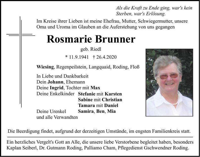 Traueranzeige Rosmarie Brunner