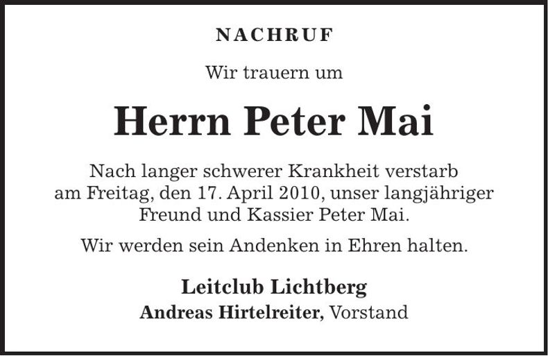 Traueranzeige Peter Mai
