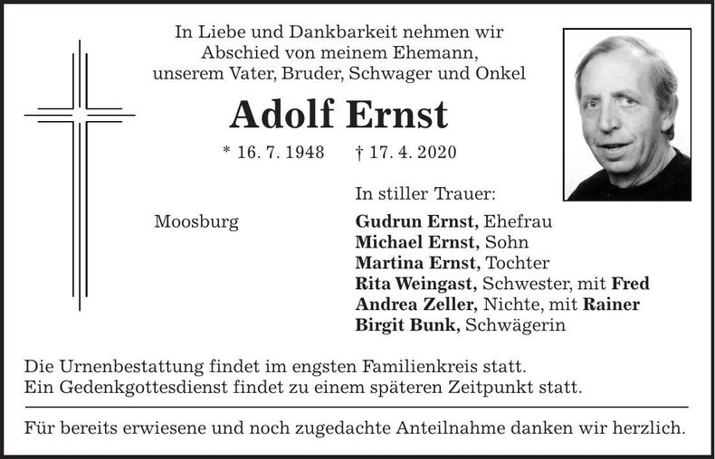 Traueranzeige Adolf Ernst