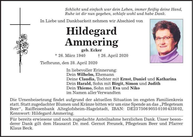 Traueranzeige Hildegard Ammering
