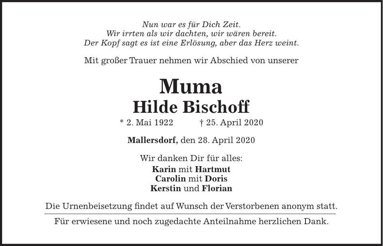 Traueranzeige Hilde Bischoff