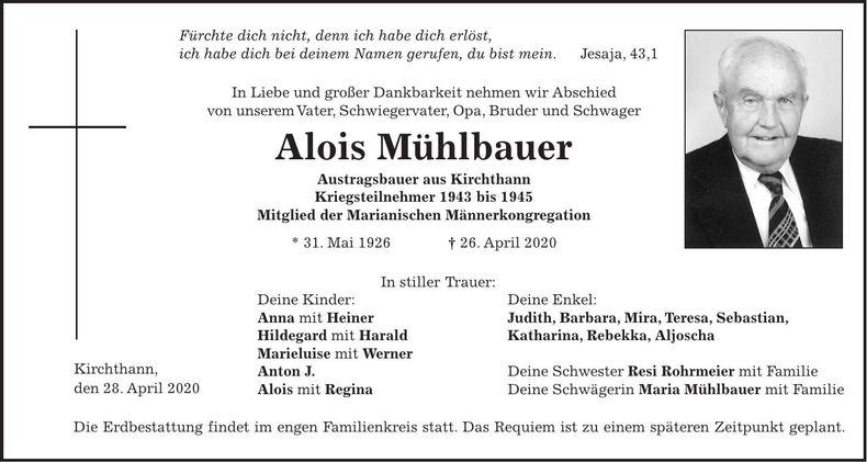 Traueranzeige Alois Mühlbauer