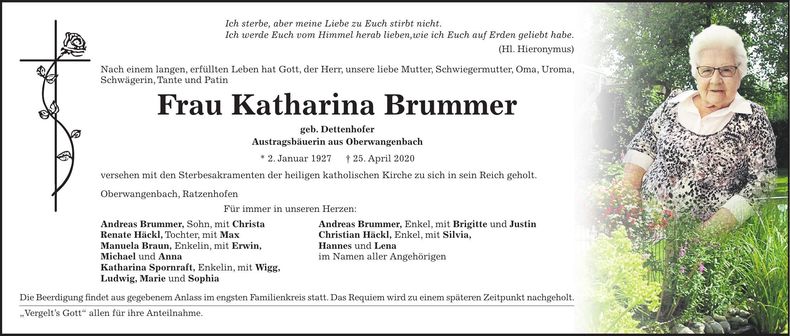 Traueranzeige Katharina Brummer