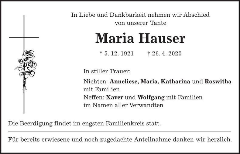 Traueranzeige Maria Hauser