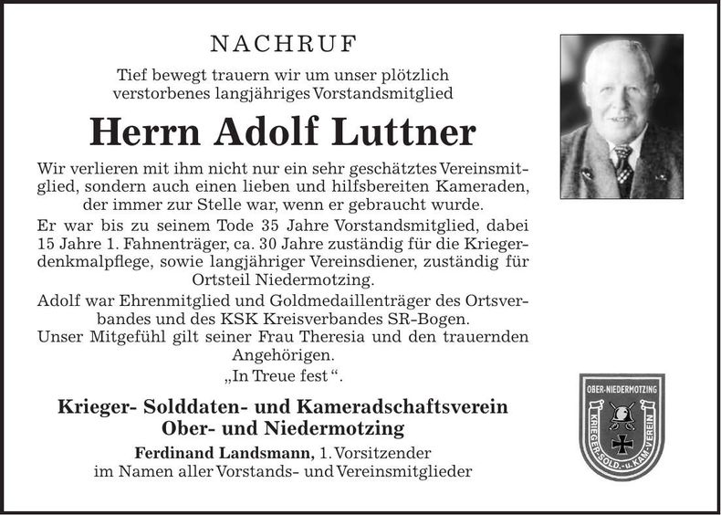 Traueranzeige Adolf Luttner
