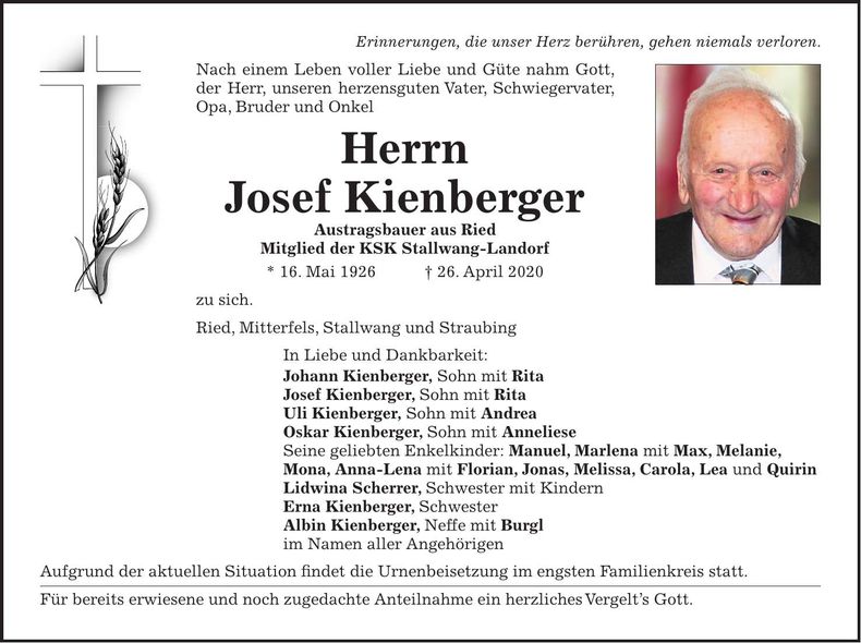 Traueranzeige Josef Kienberger