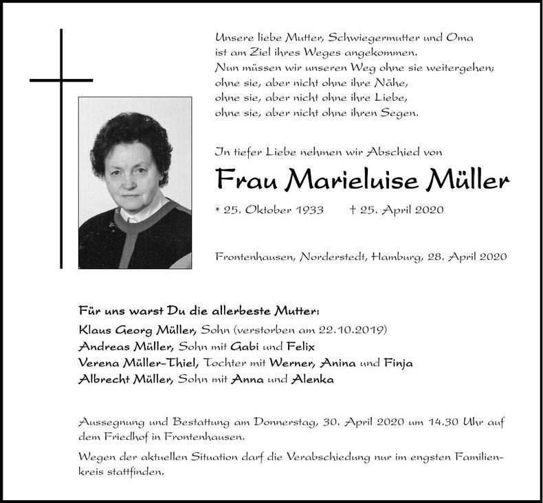 Traueranzeige Marieluise Müller