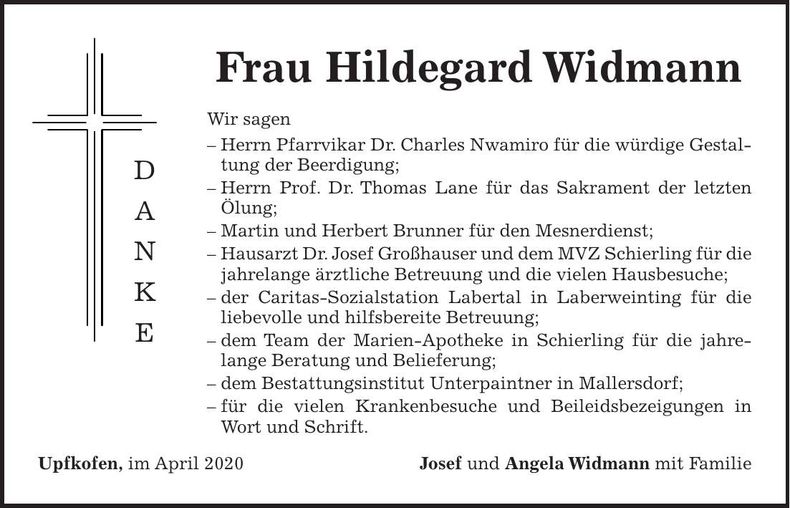 Traueranzeige Hildegard Widmann