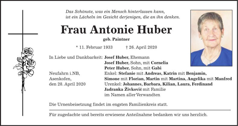 Traueranzeige Antonie Huber
