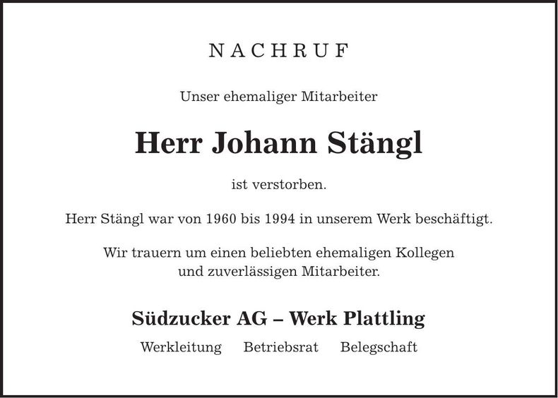Traueranzeige Johann Stängl