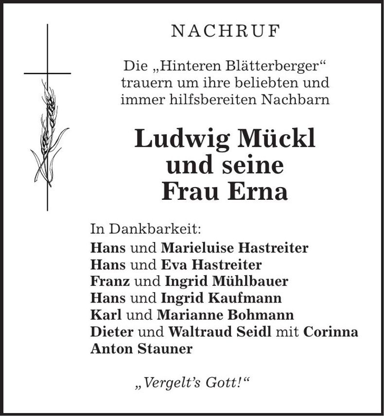 Traueranzeige Ludwig und Erna Mückl