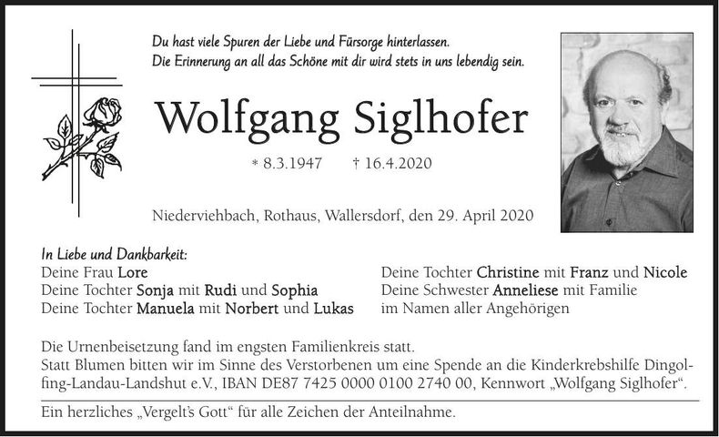 Traueranzeige Wolfgang Siglhofer