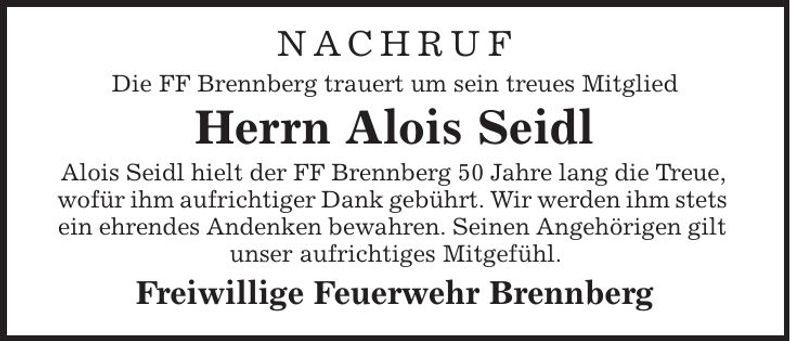 Traueranzeige Alois Seidl