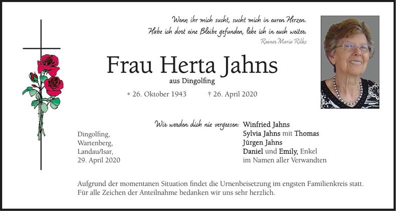 Traueranzeige Herta Jahns