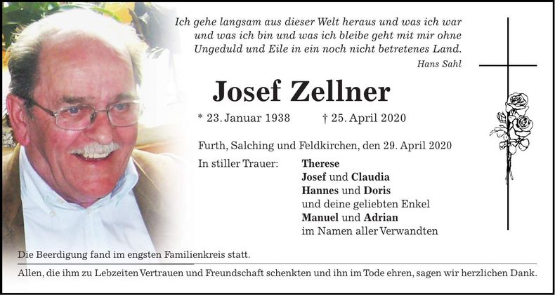 Traueranzeige Josef Zellner