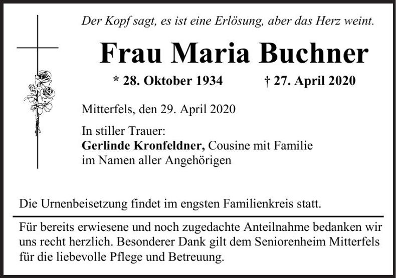 Traueranzeige Maria Buchner