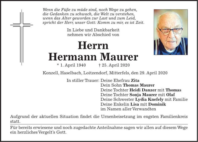 Traueranzeige Hermann Maurer