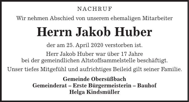 Traueranzeige Jakob Huber