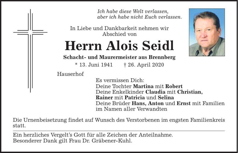 Traueranzeige Alois Seidl
