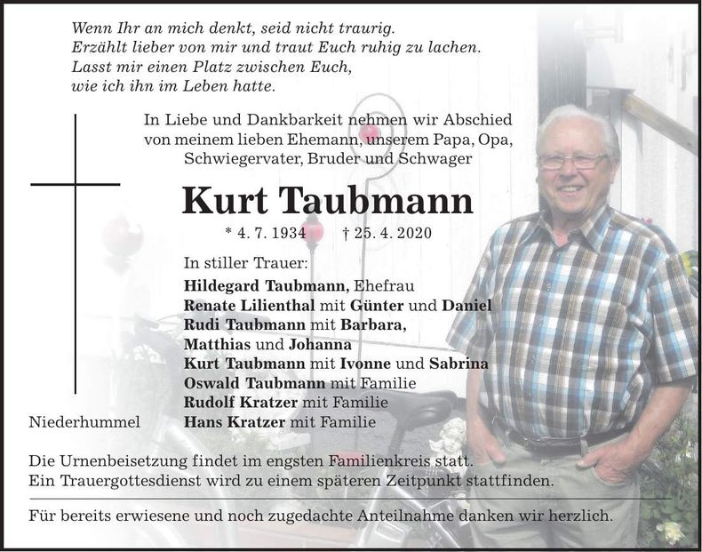 Traueranzeige Kurt Taubmann