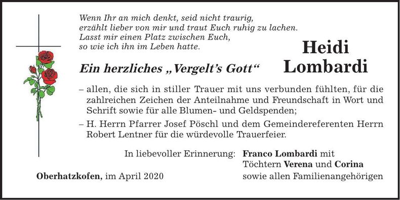 Traueranzeige Heidi Lombardi