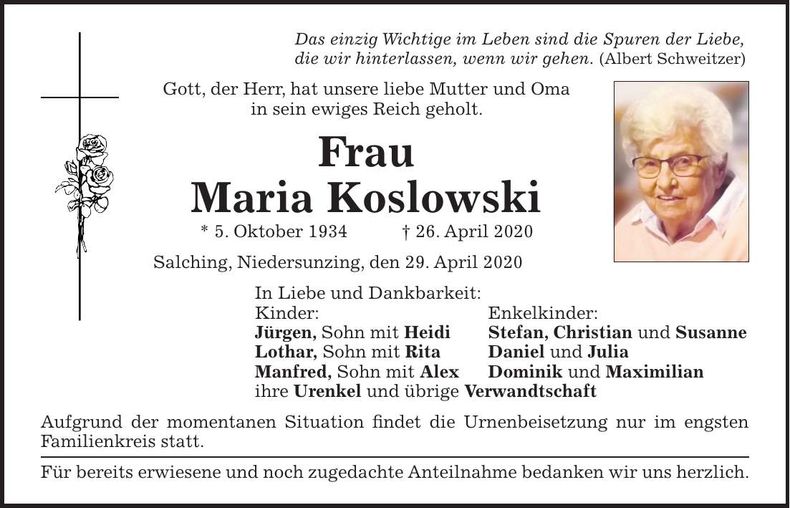 Traueranzeige Maria Koslowski