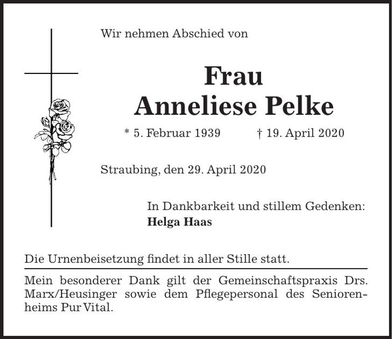 Traueranzeige Anneliese Pelke