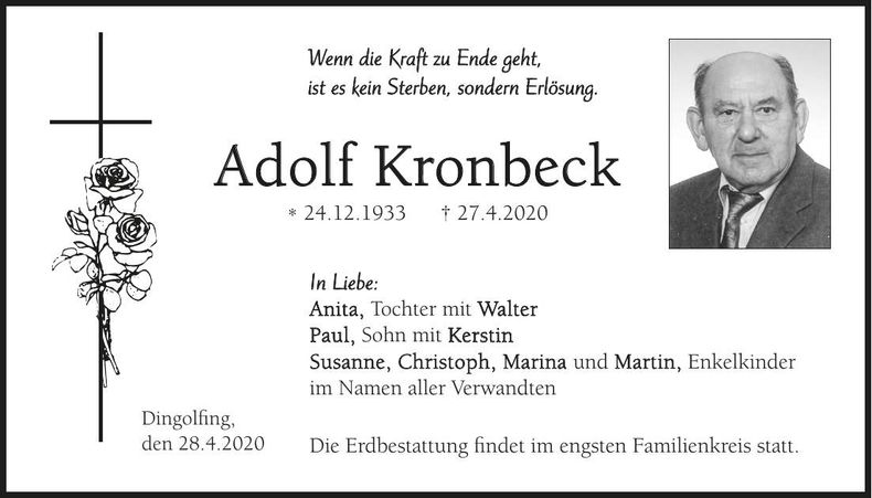 Traueranzeige Adolf Kronbeck