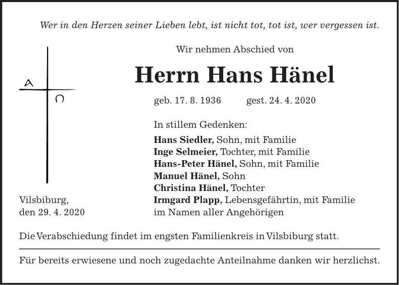 Traueranzeige Hans Hänel