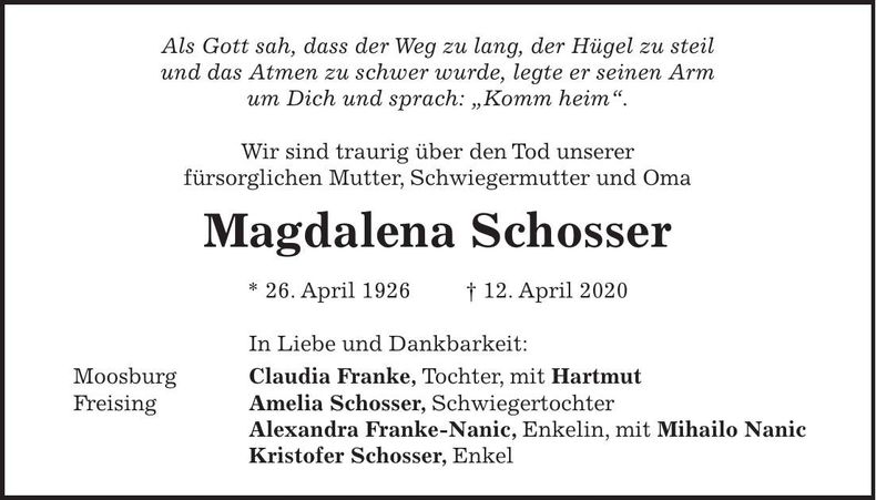 Traueranzeige Magdalena Schosser