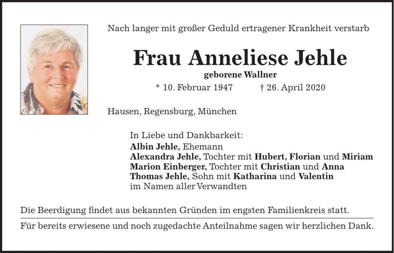 Traueranzeige Anneliese Jehle
