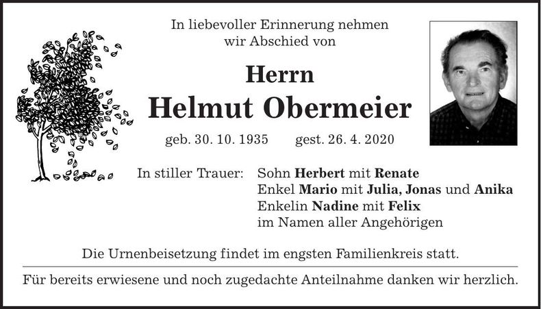 Traueranzeige Helmut Obermeier