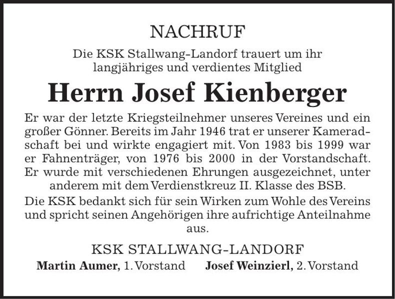 Traueranzeige Josef Kienberger
