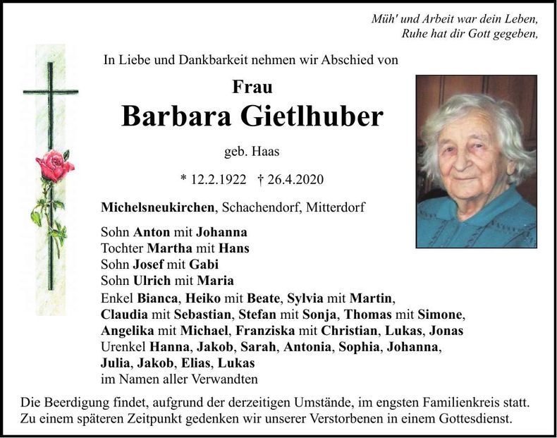 Traueranzeige Barbara Gietlhuber