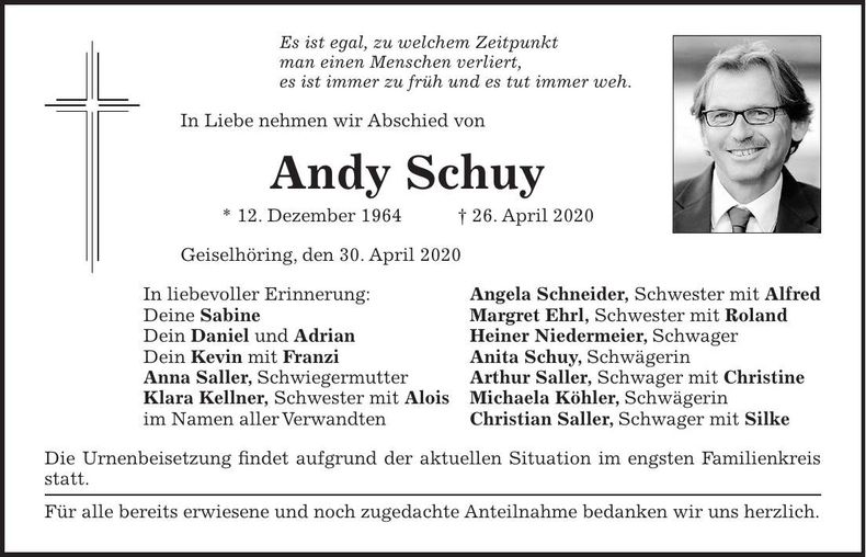 Traueranzeige Andy Schuy
