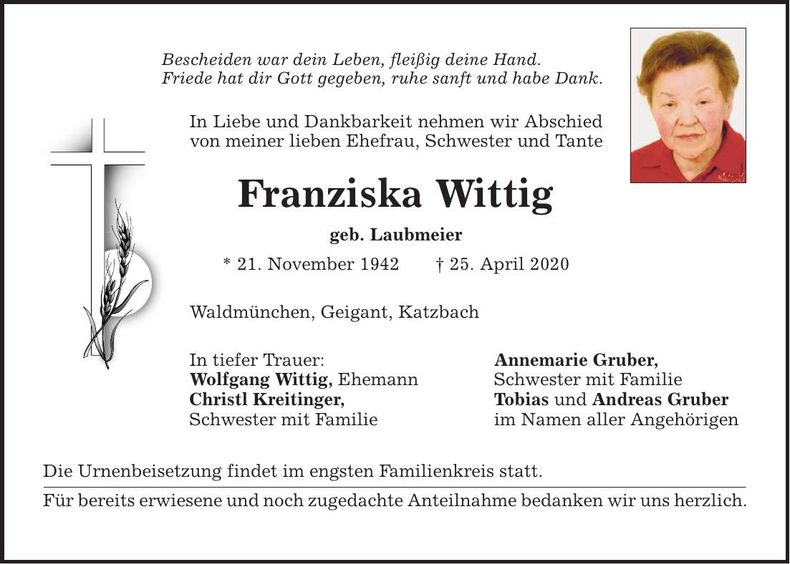 Traueranzeige Franziska Wittig