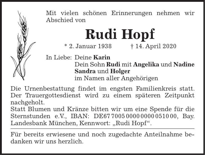 Traueranzeige Rudi Hopf