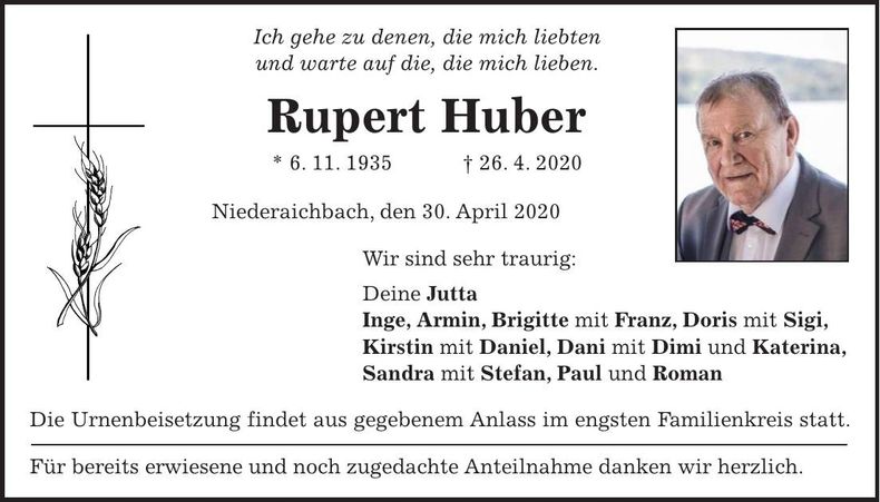 Traueranzeige Rupert Huber
