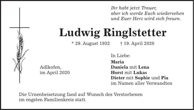 Traueranzeige Ludwig Ringlstetter