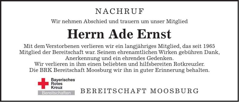 Traueranzeige Adolf Ernst