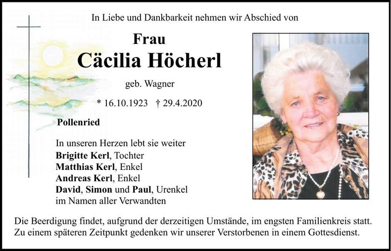Traueranzeige Cäcilia Höcherl