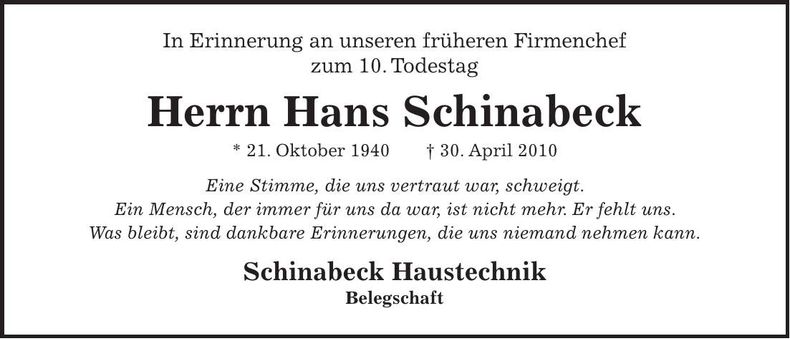 Traueranzeige Hans Schinabeck