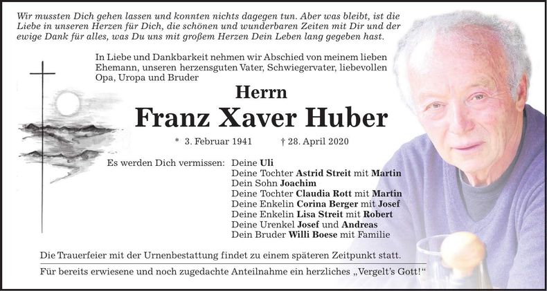 Traueranzeige Franz Xaver Huber