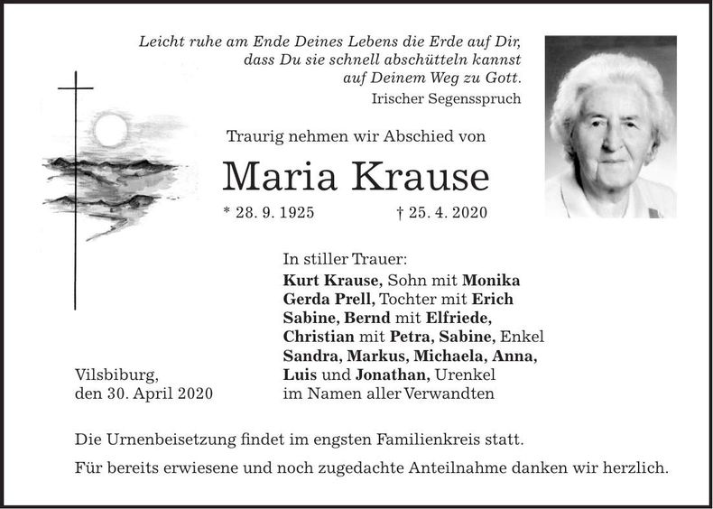 Traueranzeige Maria Krause