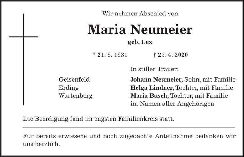 Traueranzeige Maria Neumeier