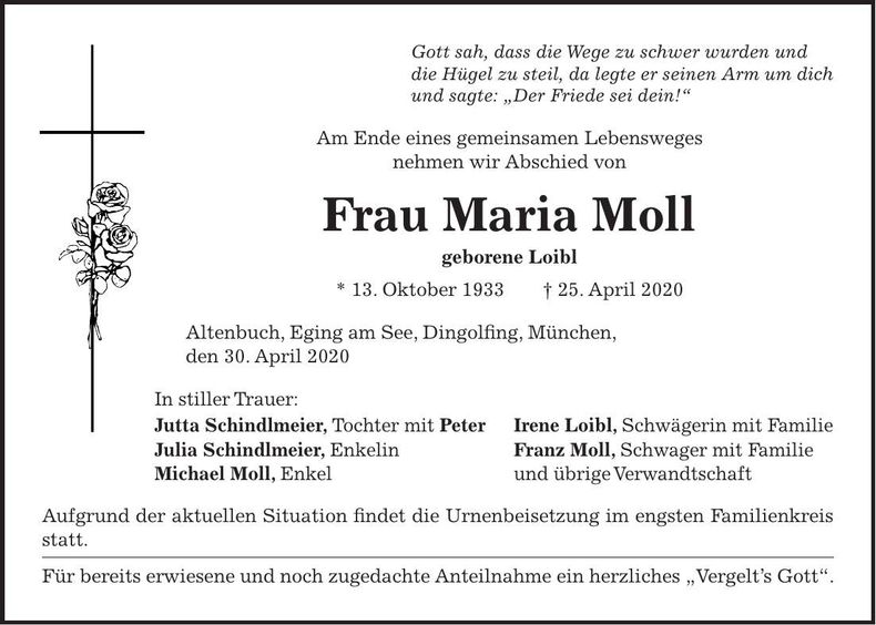 Traueranzeige Maria Moll