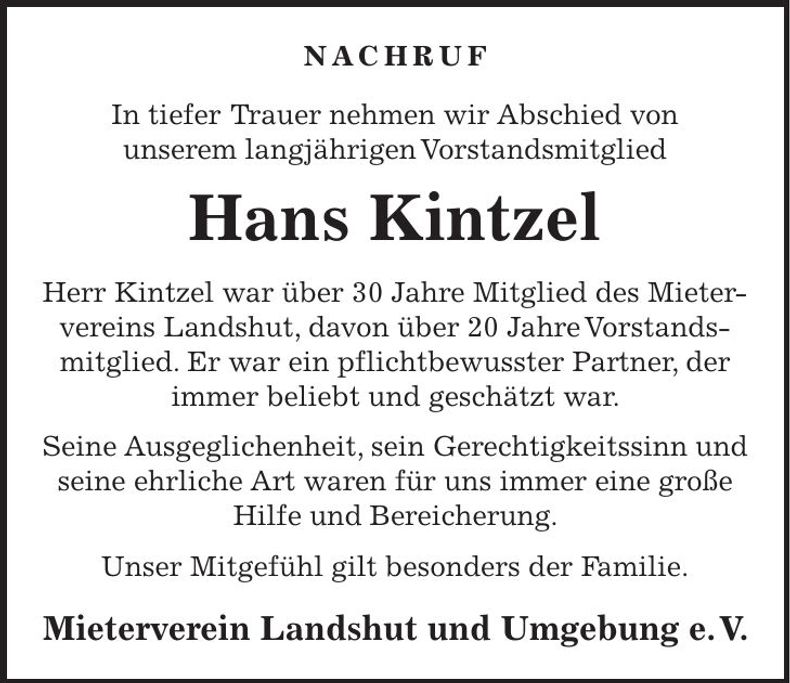 Traueranzeige Hans Kintzel
