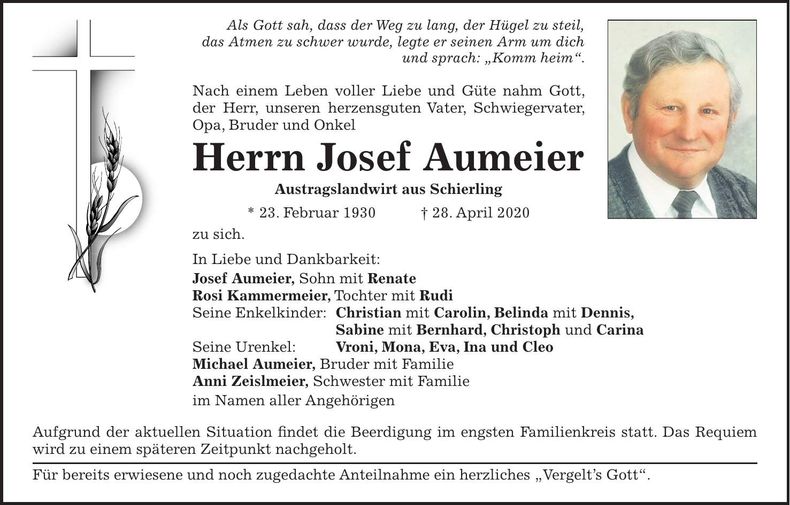 Traueranzeige Josef Aumeier